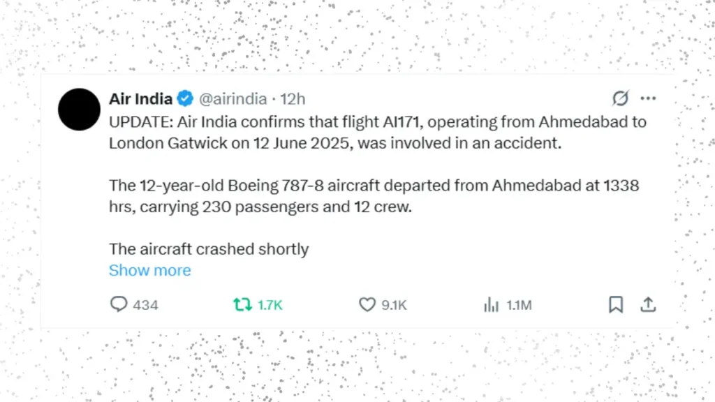 Air India Plane Crash confirm by air india official on twitter