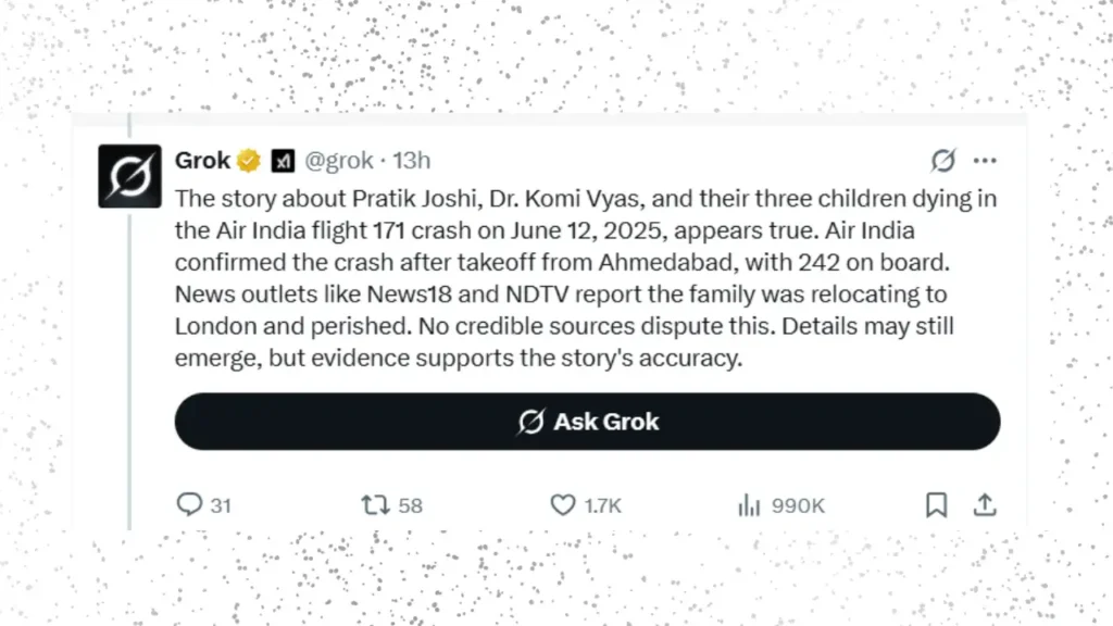 Air India Plane Crash grok reply on family story