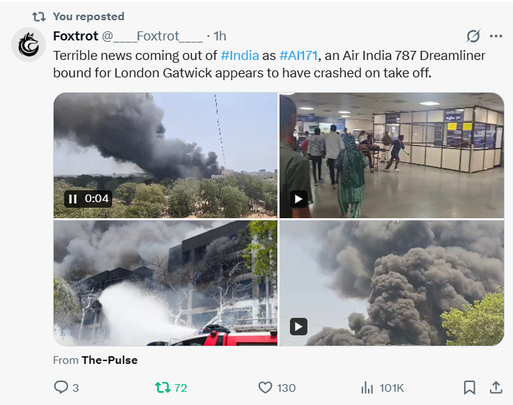 Air India Flight AI171 Crashes After Takeoff From Ahmedabad: What We Know So Far
Date: June 12, 2025
Location: Ahmedabad, India
Flight: Air India AI171 (Ahmedabad to London Gatwick)
Aircraft: Boeing 787-8 Dreamliner
Passengers and Crew: 244 (232 passengers, 12 crew)