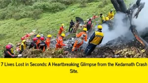 Rescue teams at the site of the Kedarnath helicopter crash, working amid wreckage and smoke
