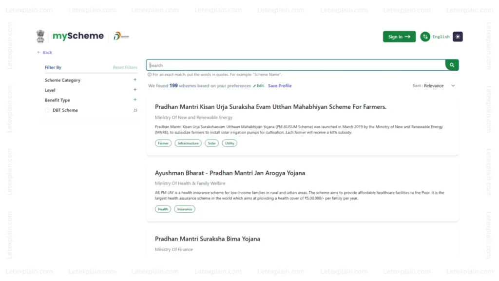 Customized list of government schemes