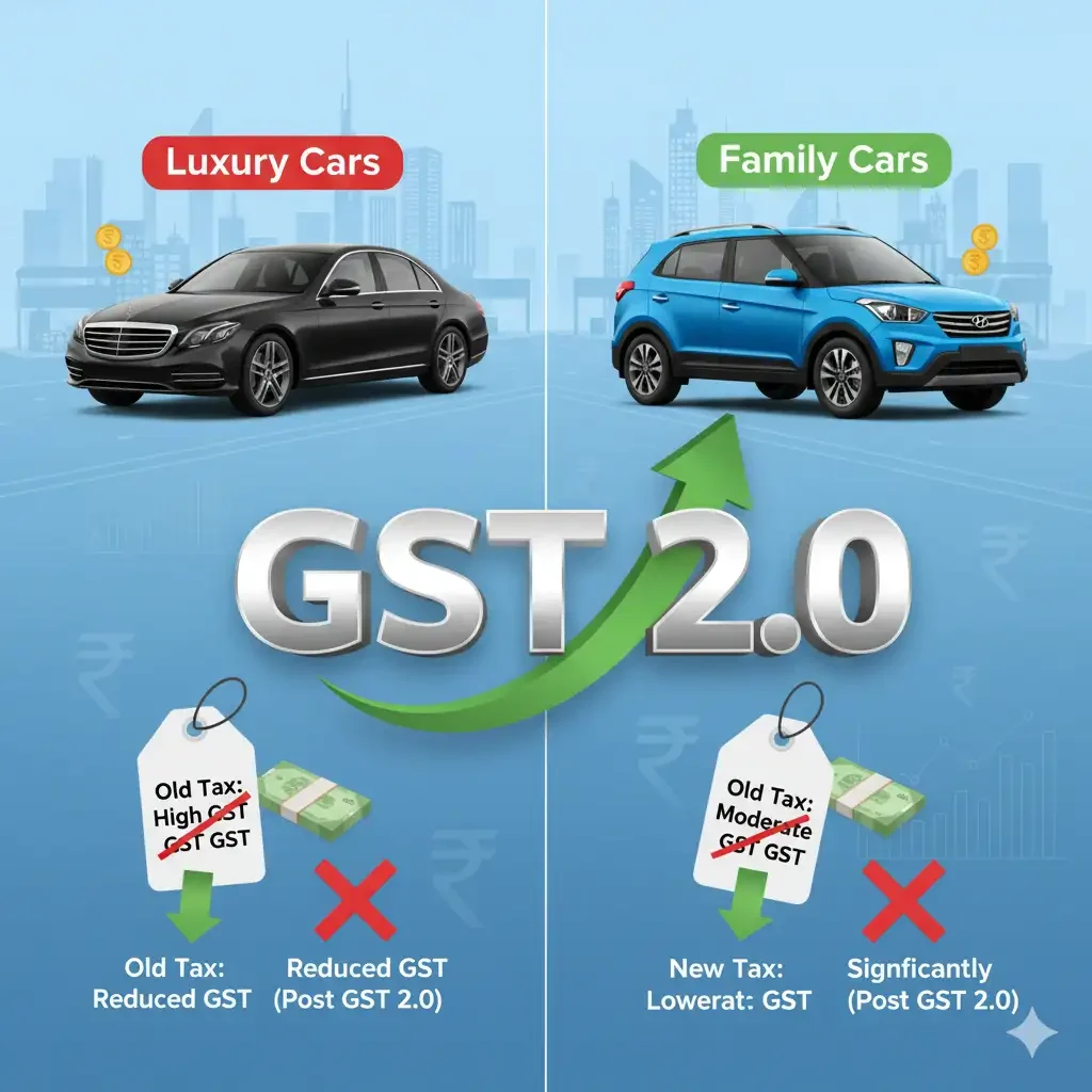 GST 2.0 ka impact Indian cars par – luxury aur family cars ki prices me change dikhata infographic"
