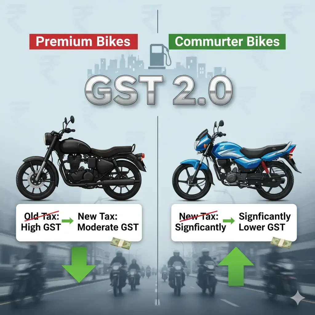 GST 2.0 ka impact bikes aur two-wheelers par – premium aur commuter bikes ki prices me change dikhata infographic"